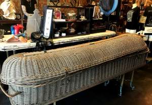 A casket for sale at Bearded Lady Vintage & Oddities