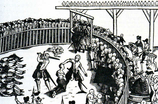 Depiction of a public execution of pirates in Hamburg, Germany, circa September 10, 1573