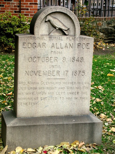 The headstone that marks Edgar Allan Poe's original burial place at Westminster Hall in Baltimore, Maryland