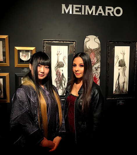 Photo with artist Meimaro and her creations for the "Dakuato" exhibit
