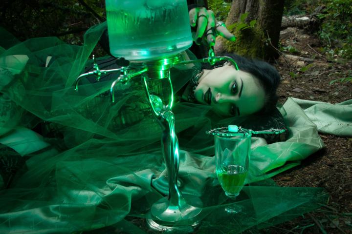 “Green Goddess” absinthe photoshoot featuring Adrienne LaVey (Photo credit: Prismscope Photography)
