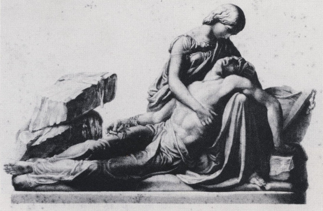 Engraving by George Stodart inspired by the Mary and Percy Shelley Memorial monument by Henry Weekes circa 1853