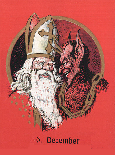 Early 20th century illustration of Nikolaus and Krampus (Public Domain image)