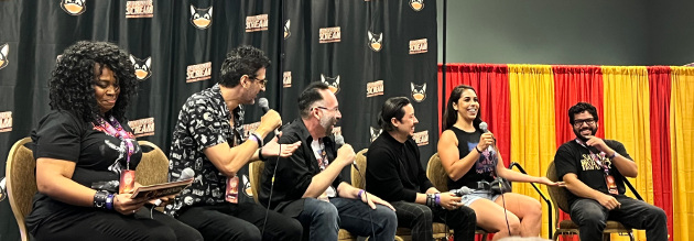 Satanic Hispanics: Unveiled Panel featuring (from left to right) Ivotres Littles, Alejandro Brugues, Mike Mendez, Efren Ramirez, Gigi Saul Guerrero and Matthew Torres