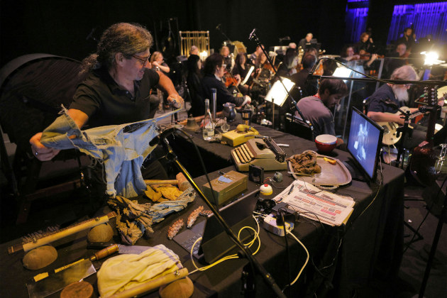 Foley artist Ryan Collison at a rehearsal for "Spanish Dracula" at the United Theater on Broadway. (Photo: Cory Weaver)