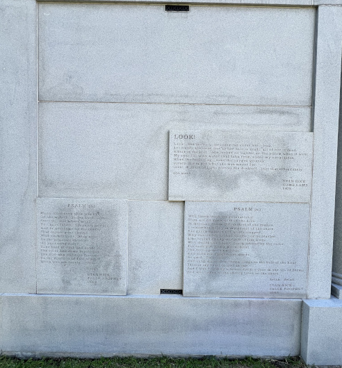 Poems by Anne Rice's husband Stan inscribed on the Rice mausoleum