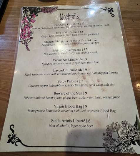 Mocktail menu at Boutique du Vampyre’s Apothecary