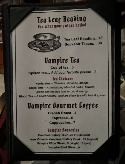 Libations menu at The New Orleans Vampire Cafe