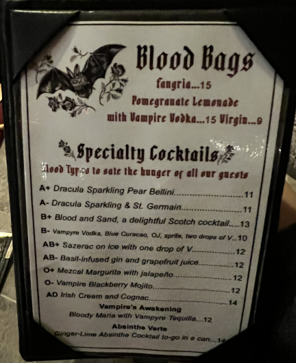 Libations menu at The New Orleans Vampire Cafe