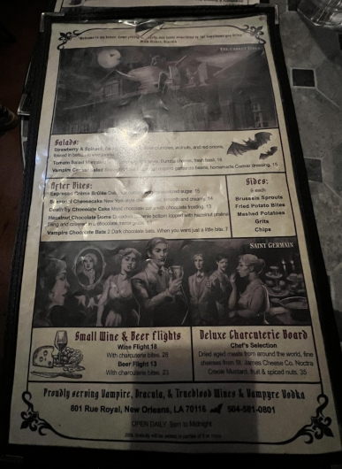 Menu at The New Orleans Vampire Cafe