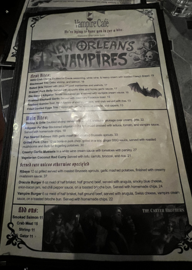 Menu at The New Orleans Vampire Cafe
